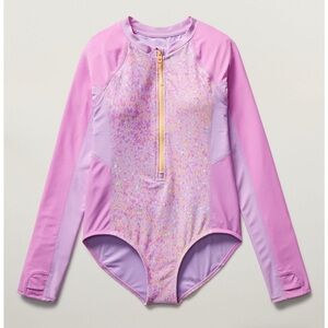 NWT Athleta Girl Rashguard One Piece Sun Spray Lilac Swimsuit Size XL/14